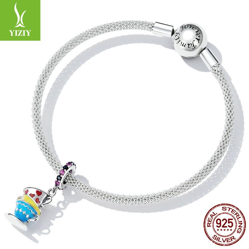 Sagomagi Te-kopp 925 Silver Hänge Accessoarer, Delikat Vintage DIY Armband Pärlbeströdd Scc2244