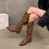 Retro Brown V-mouth Stack Medium Tube Knight Boots Women's Shoes 2025 Spring and Autumn Winter Pointed Western Cowboy~ Long Boots