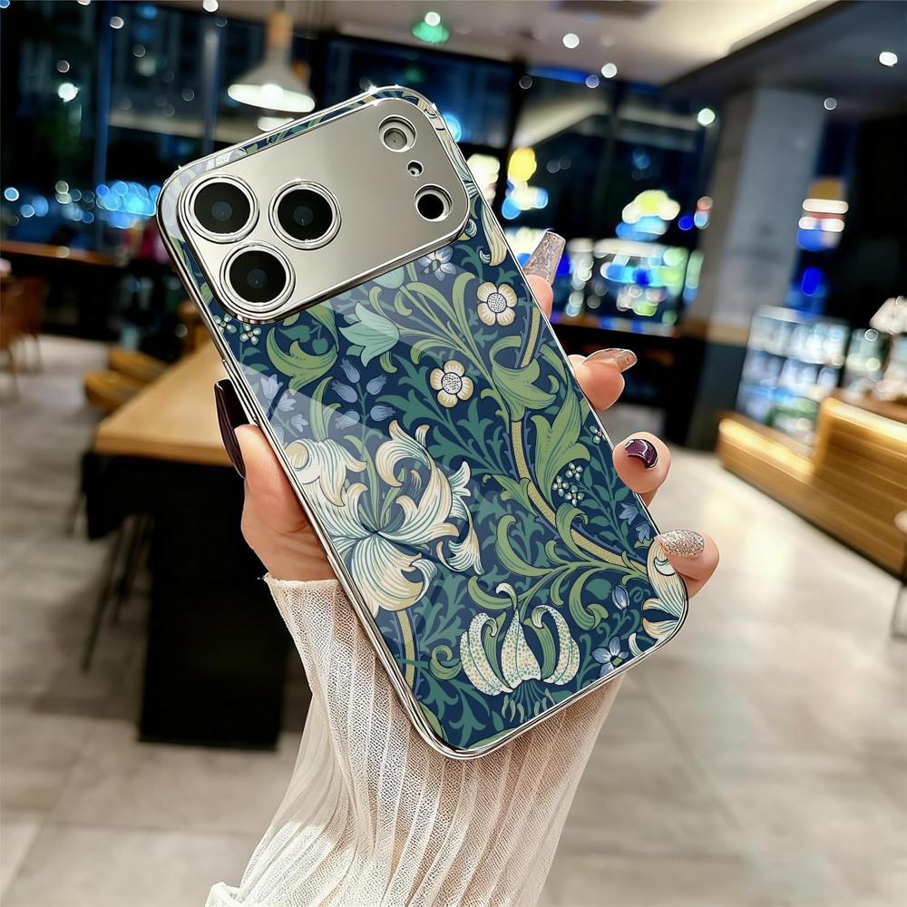 

Vintage Flowers Phone Case For iPhone 17 16 15 14 13 12 Pro Max Plus Electroplated Metal Shockproof Bumper Case Glass Back iPhone 14