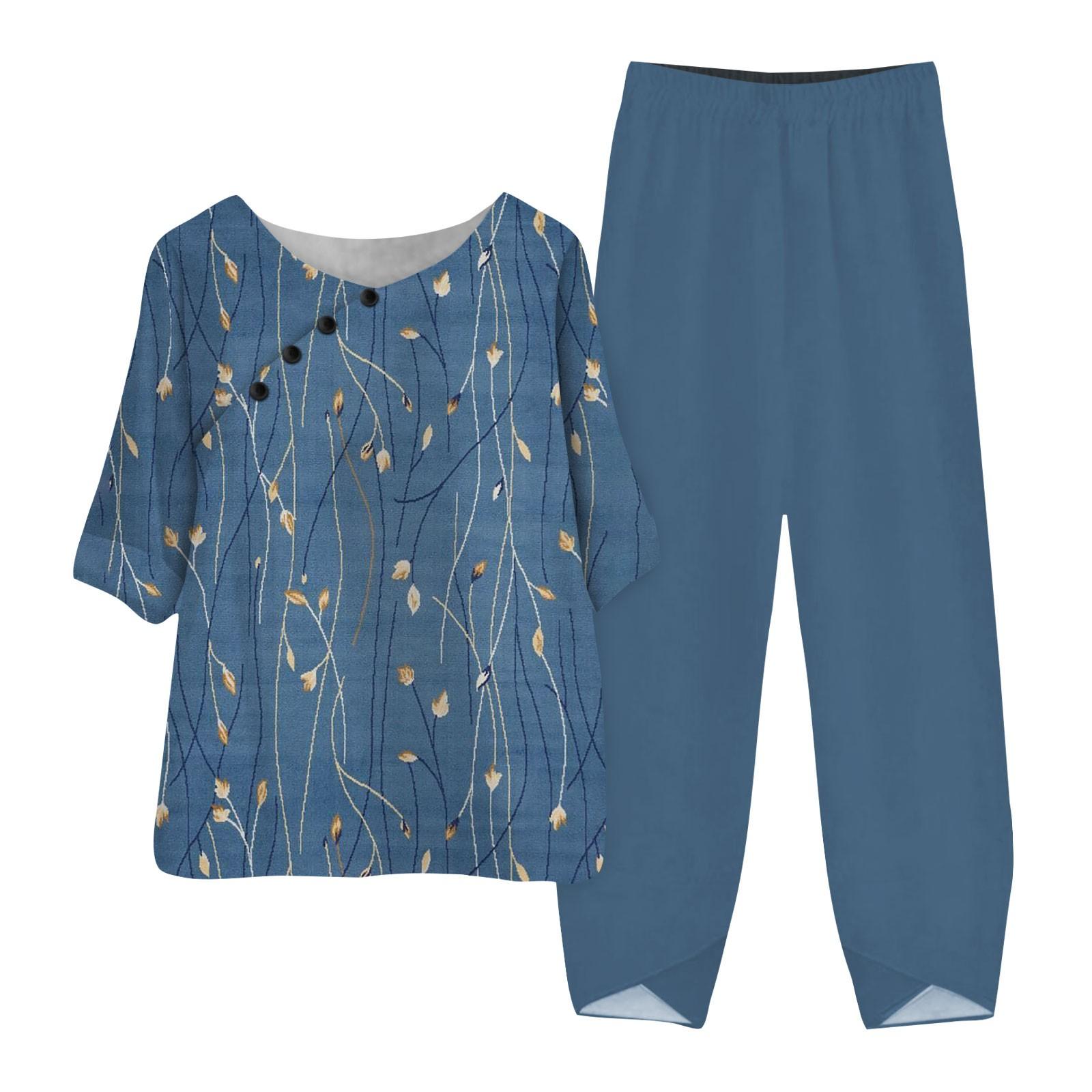 

Женские летние топы с короткими рукавами и принтом, эластичная талия, брюки из девяти предметов, комплект из двух предметов XL