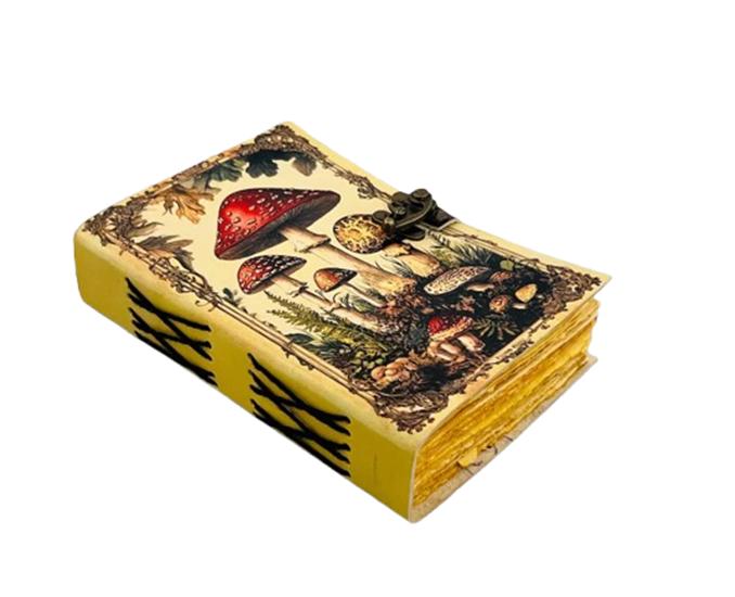 Handmade Mushroom Leather Journal – 5x7  Vintage Notebook | 200 Deckle Edge Pages | Botanical Art Diary with Strap Lock 5x7