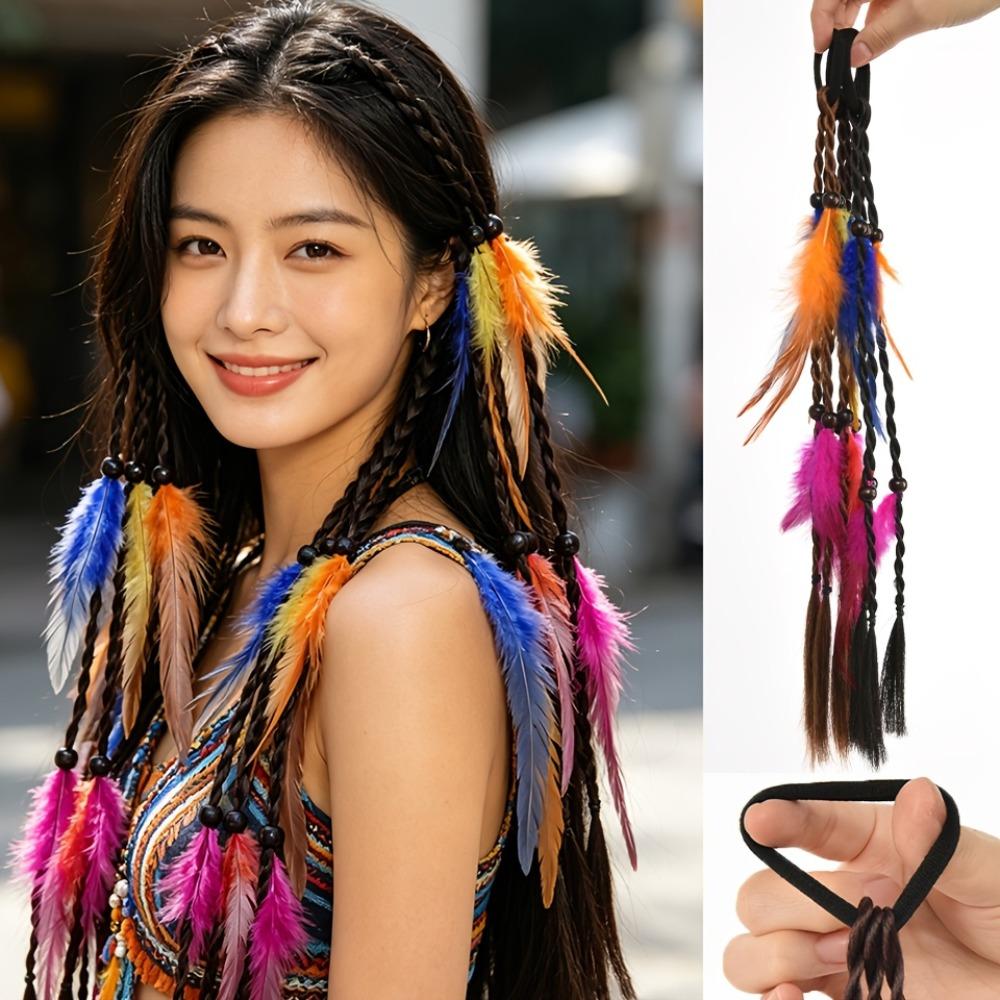 2pcs Rubber Band Headband Bohemian Feather Hair Extensions Handmade Twist Braid Ponytail Daily Use