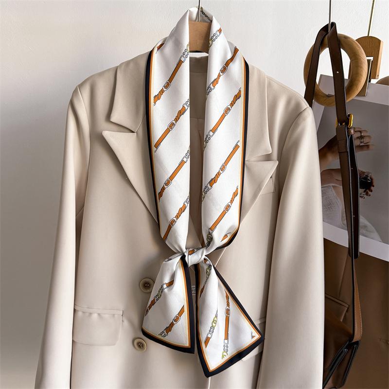 New temperament double-layer scarf streamer strap bag decoration suit scarf small long headband silk scarf women's printing narrow