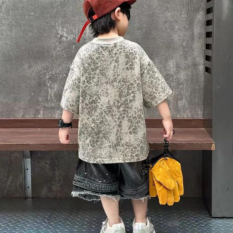 Teenager Jungen Mädchen Sommer Set Kinder Leo-Print Kurzarm Baumwoll-T-Shirt + Shorts 2-teiliges Set Locker Lässig Set