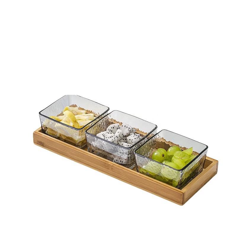 Glass Fruit and Snack Plate with Wood Tray