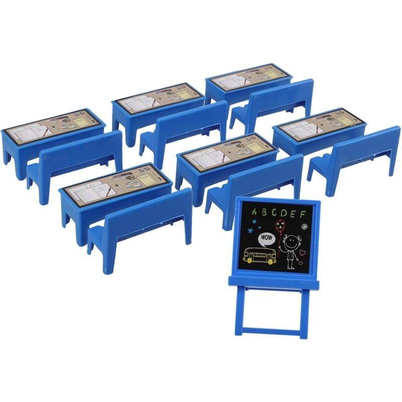

13 предметов миниатюрной мебели для классной комнаты для кукольного домика, стол и стул с доской для школьной диорамы, украшения и аксессуары one set синий