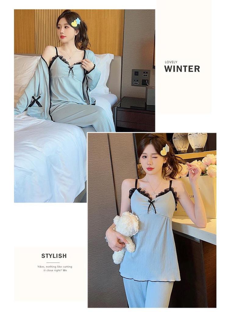 Damen Frühling/Herbst Pyjama Set: Süßes Trägertop mit Brustpolstern, langen Ärmeln und Hose, Übergröße bis 230 lbs, dreiteilige Loungewear.