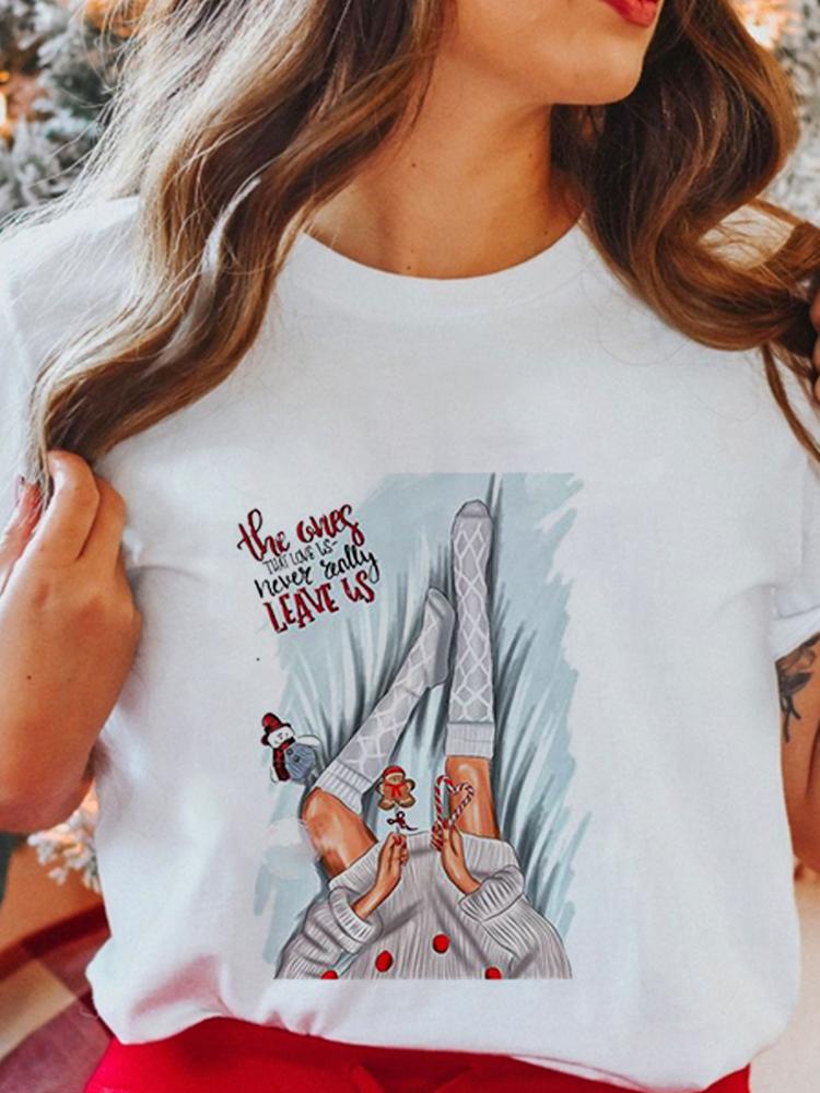 Women's Tops Christmas Short Sleeve Tees Female Summer Beach Funny Cartoon Santa Reindeer Printed T-Shirt Regular Graphic Female