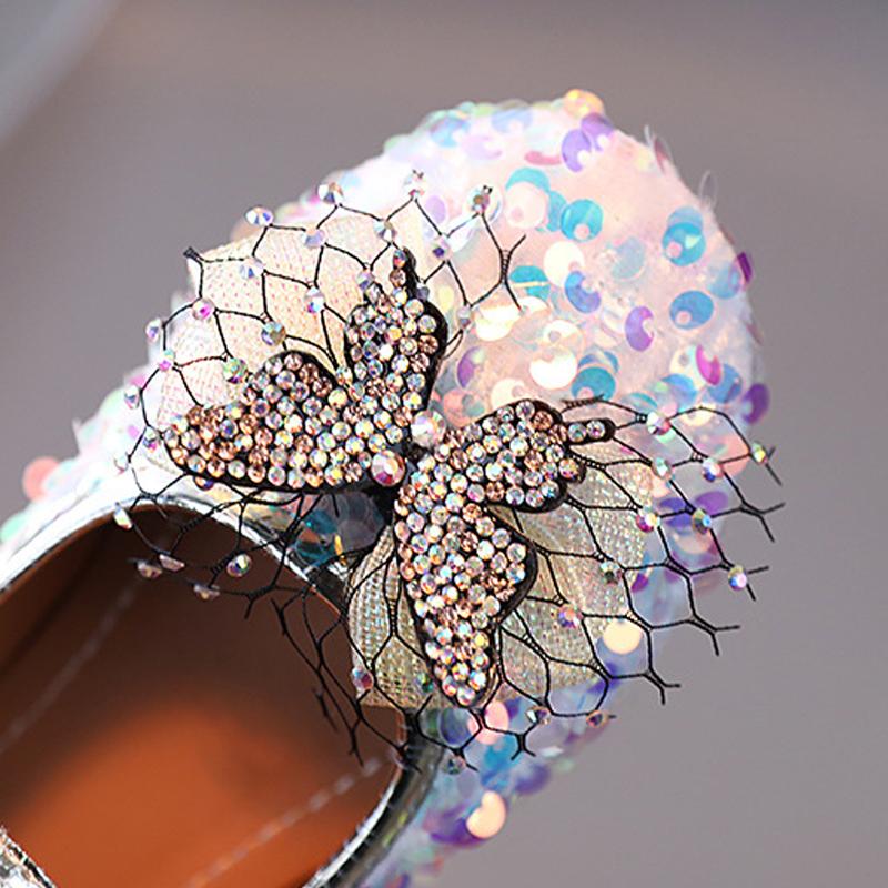 Princess Girls Sequins Bling Leather Shoes Lightweight Butterfly Rhinestone Boutique Party Dance Flats Toddler Baby Dress Shoes