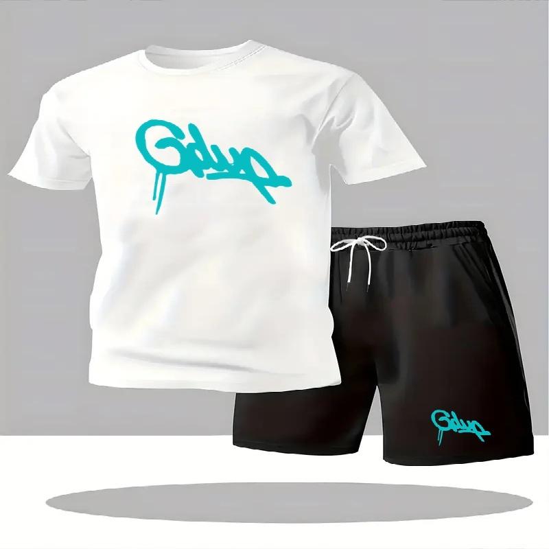 Youth Men's Fashionable Casual Sports Two-Piece Set Print Summer Short-Sleeved T-Shirt And Shorts Ensemble