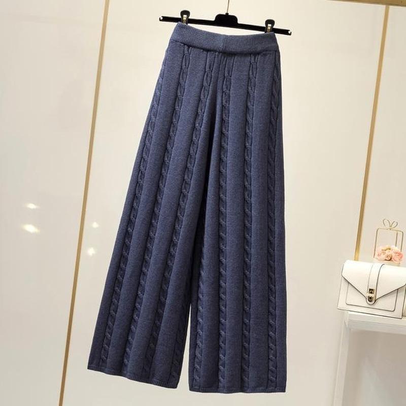 High-waist Solid Color Knitted Wide-leg Pants 2026 Autumn And Winter New Korean Twist Stripe Cropped Trousers All-match Casual
