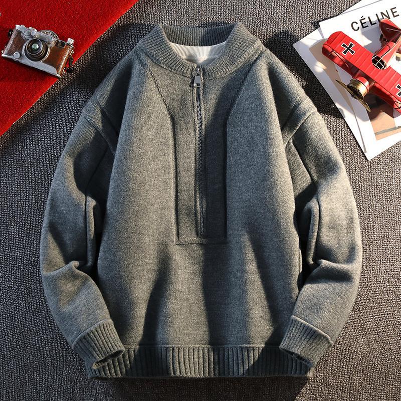 Zipper Fashion Sweater Men's Knitted Sweater Solid Color Long Sleeve Pullover Top