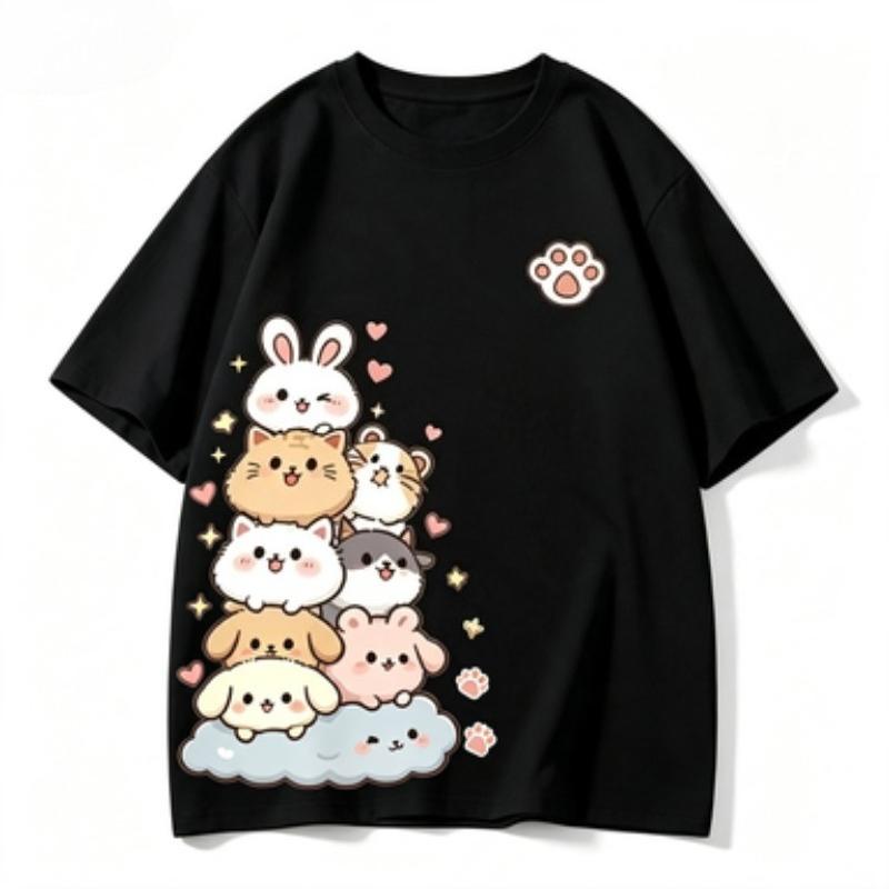 Kawaii Pet Club Graphic Tshirt Unisex Cute Rabbit Cat Dog Print O Neck Short Sleeve Tee Casual Loose Summer Streetwear Tops