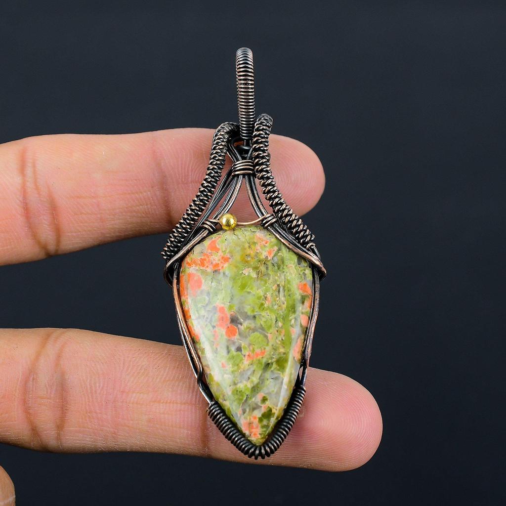 Unakite Gemstone Pure Copper Wire Wrapped Handmade Pendant Jewelry For Gift
