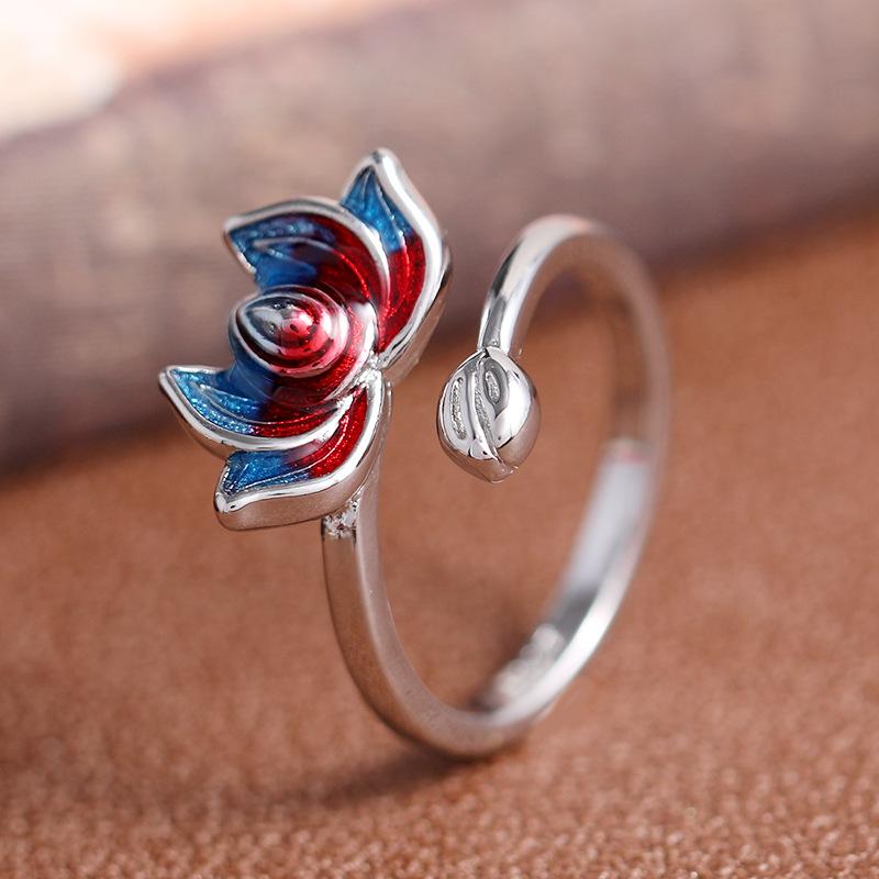 [Enter brocade] Retro medium enamel open silver ring men's and women's cloisonne simple temperament antique index finger ring