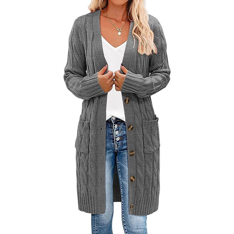 Damen S Lang V-Ausschnitt Knopf Tasche Strick Cardigan Pullover
