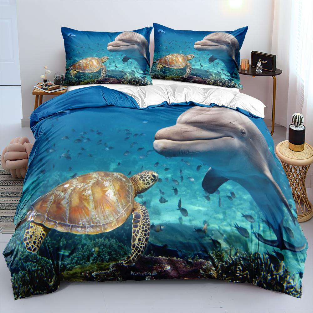 

Hawaiian Vacation Style Marine Life Duvet Cover - Blue Ocean, Dolphin & Turtle Pattern, Available in Twin and King Sizes (135x200cm)