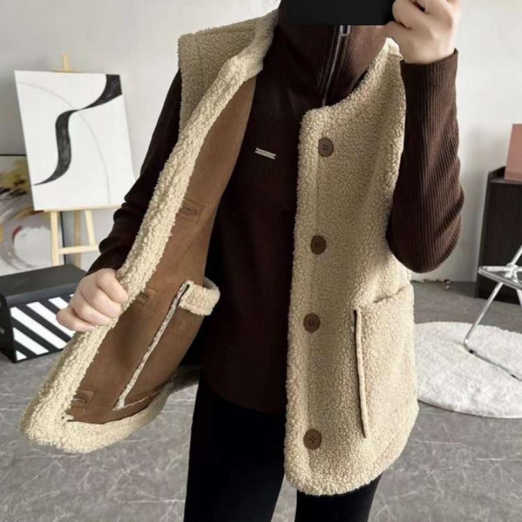 Doppelseitige Weste Damen Vintage Schaffell Pelzweste Wendeweste Herbst Winter Braune Weste