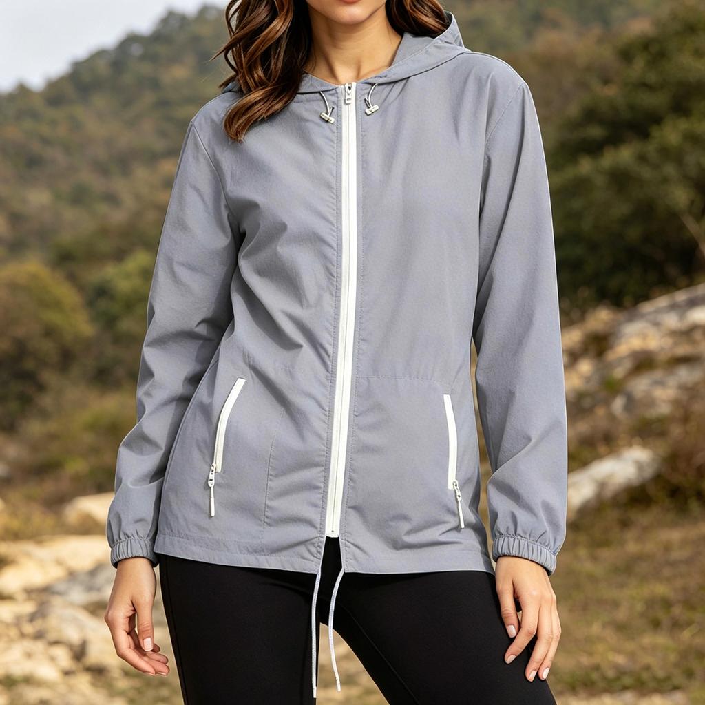 Women's Plus Size Lightweight Hooded Jacket Long Sleeve Zip Up Foldable Windbreaker with Storage Bag Outdoor Casual Coat