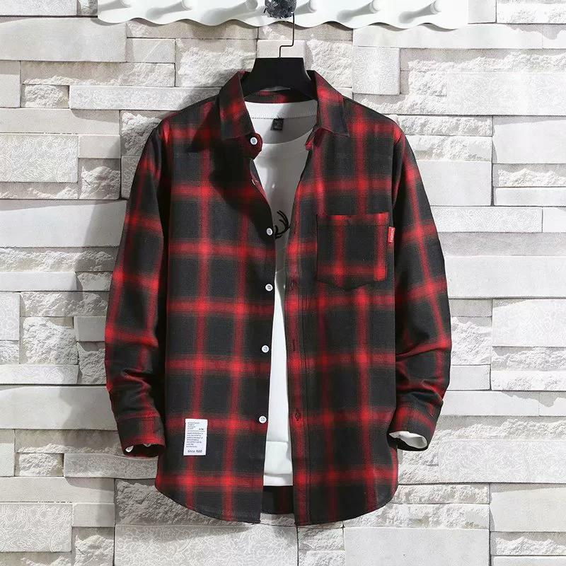 Men's White Plaid Shirt Long-sleeved Trend Shirts Versatile Men's Inch Shirt New Tops