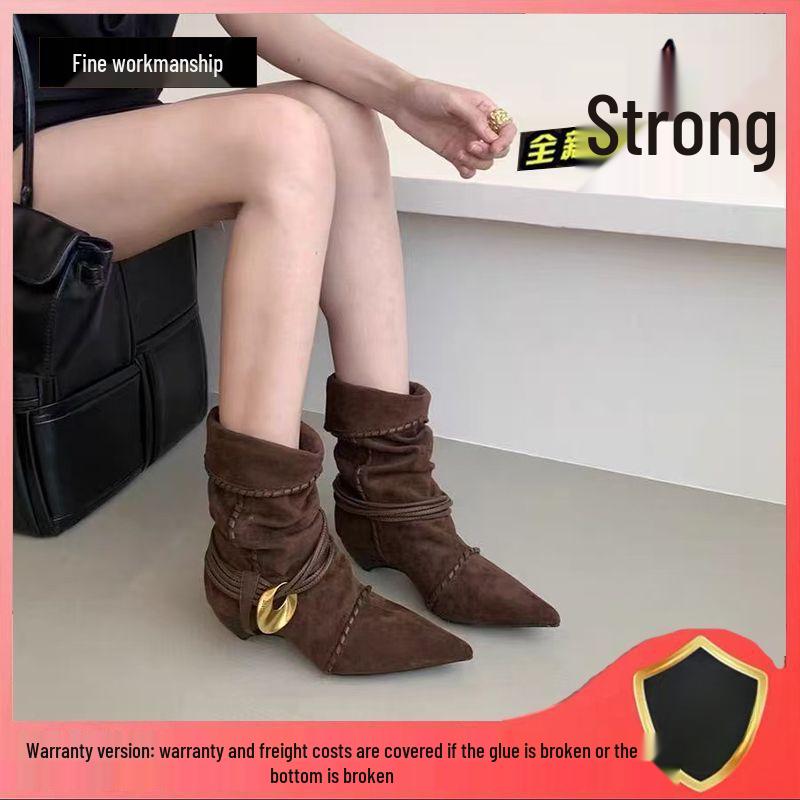 Women's 2025 Retro Suede Kitten Heel Ankle Boots: Pointed, Ruched, Tie Stacked, Versatile Fashion