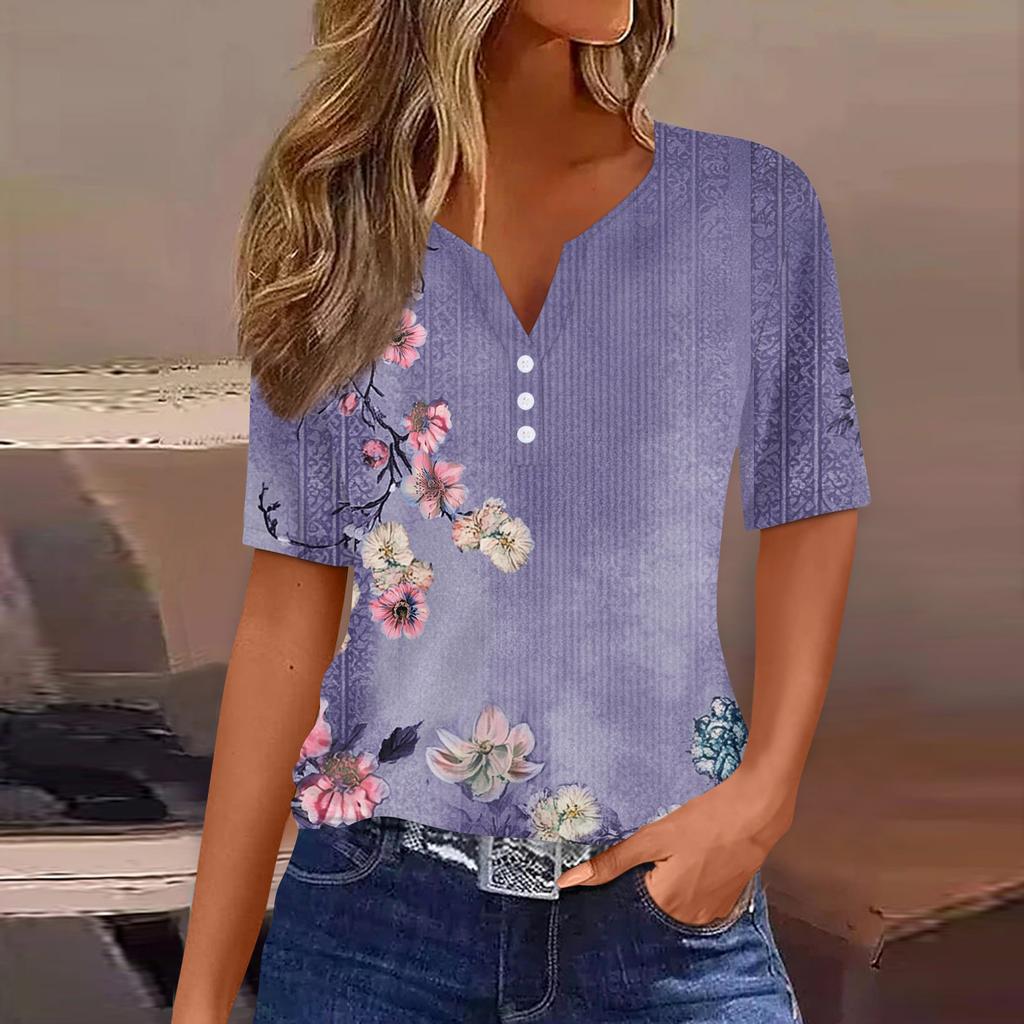 Damska koszulka z nadrukiem, guzikami, krótkim rękawem, codzienna, weekendowa, modna, podstawowa, dekolt w serek, regularna góra