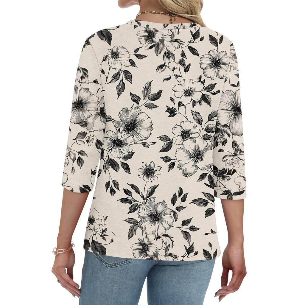 Women's Fashionable Casual Retro Floral Print V,Neck Button,Down Three,Quarter Sleeve T,Shirt Top