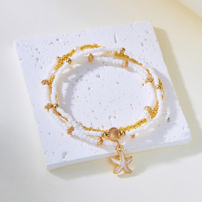 Fashionable Natural Shell Pearls Elastic Jewelry Triple Wear Neck Chain Wrist Ankle Decoration Coastal Styles Use