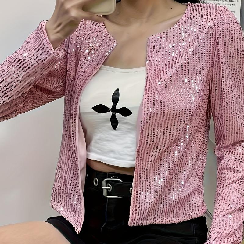 Fashion Stand Collar Solid Sequin Jacket Women Autumn Long Sleeve Loose Short Casual Jackets Ladies Elegant Round Neck Plus Size Coats Women Top 25189