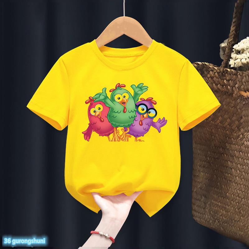New Hot Sale Boys TShirt Cute Contos CláSsicos Com A Galinha Pintadinha Cartoon Print Tshirt Summer Kids Tshirt Yellow Tops 100