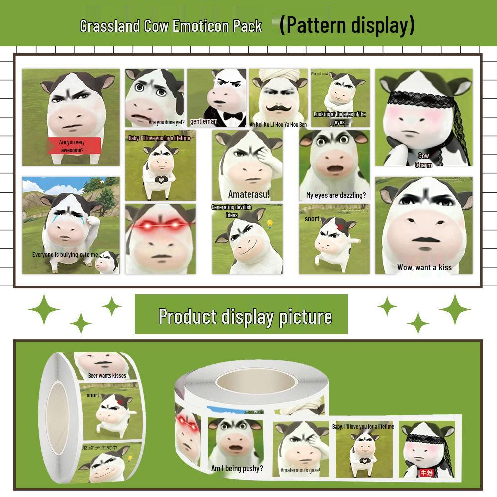 Grassland Cow Emoji Sticker Roll for Online Students' Journals and Stationery Decor