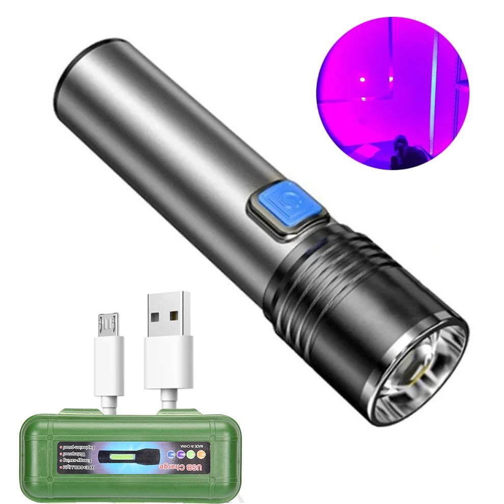 5W 365nm UV Flashlight USB Rechargeable Ultraviolet Torch Pets Urine Cat Tinea Money Ore Scorpion Detection Black Light