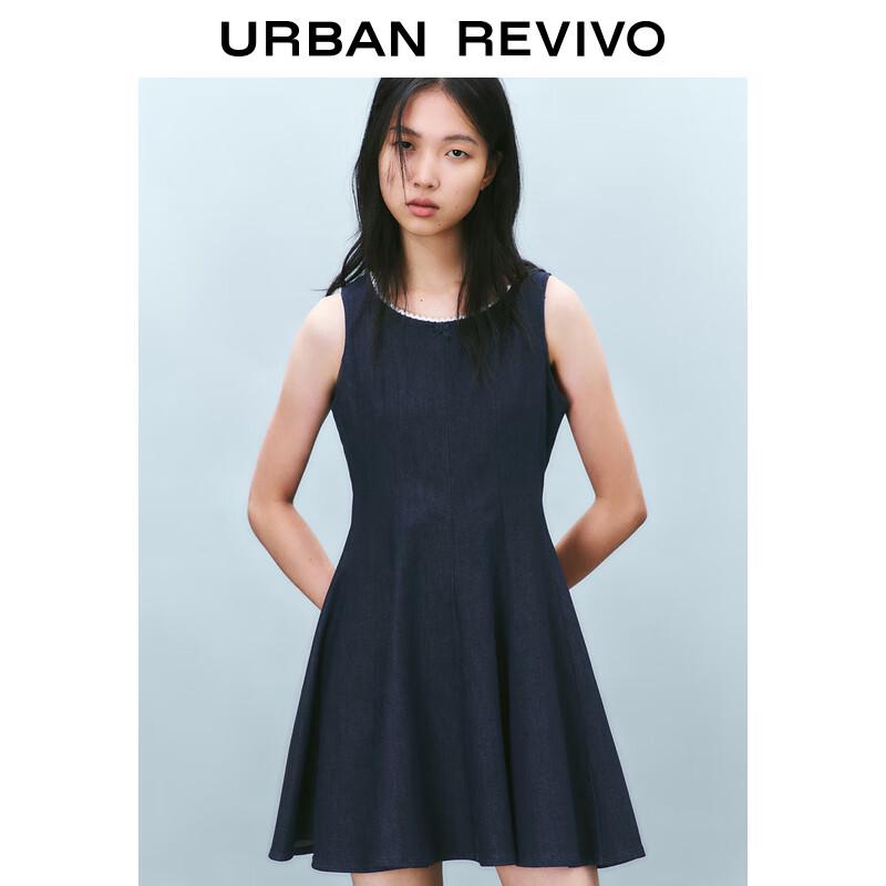 

Женское джинсовое платье без рукавов с контрастным кружевом и бантом S