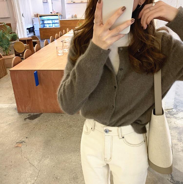 2026 Spring/Autumn Women's Korean Style 100% Pure Wool Cardigan - Round Neck, Thin Cashmere Knit Sweater Coat