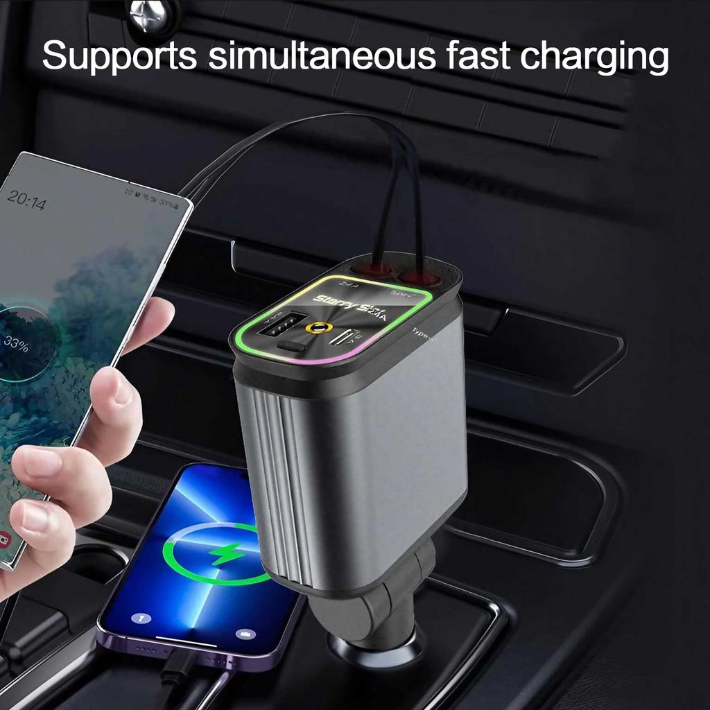 Fast Charging Car Charger 4 In 1 Retractable Car Charger with USB Type-C Cable & 2 Type C Charging Ports, Universal Car Charger