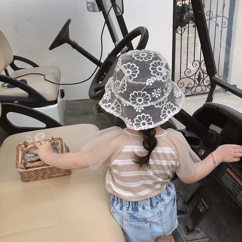 Móda Děti Elegantní Krajka Květina Rybářský Klobouk Ochrana proti Slunci Síťovaný Klobouk Bílá Krajková Kbelíková Čepice