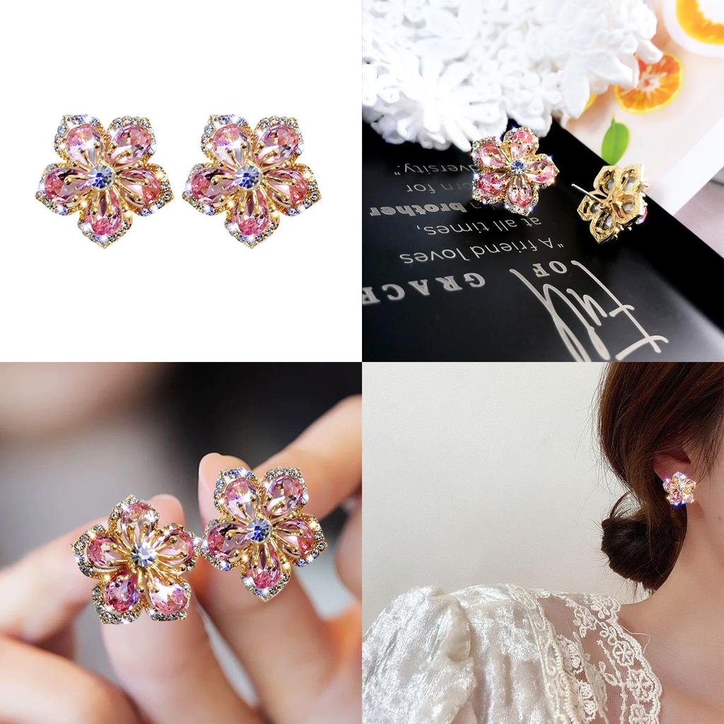 Flower Shaped Zircon Ear Studs With Silver Needle For Gift And Party Wear