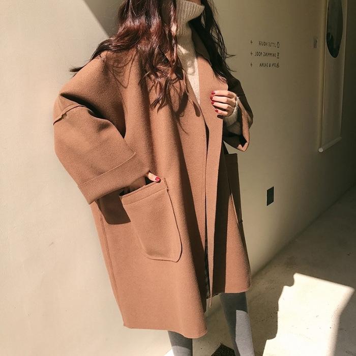Elegant Black Faux Wool Outer Wear for Women Autumn Winter Korean Style Mid Length Loose Woolen Coat