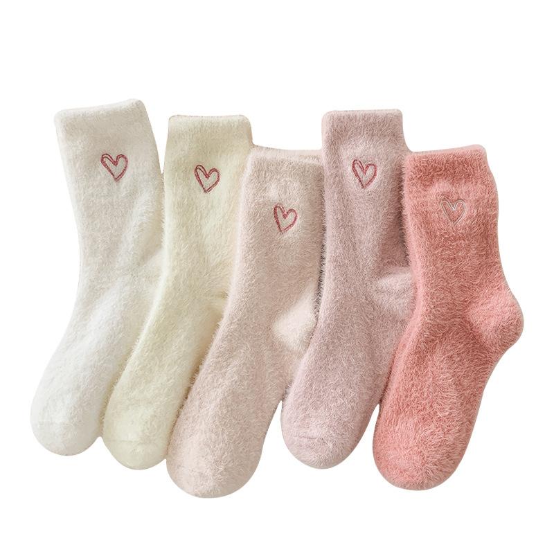 Female Autumn and Winter Warm and Thick Love Embroidered Sleeping Floor In Tube Socks