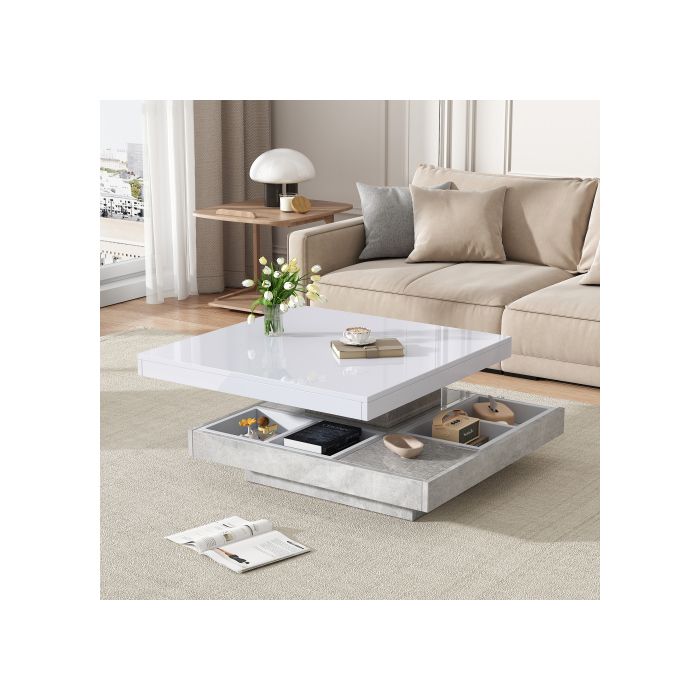 Table Basse - MUVOE - Double Plateau Pivotant - Blanc - Marbré - 70x70cm