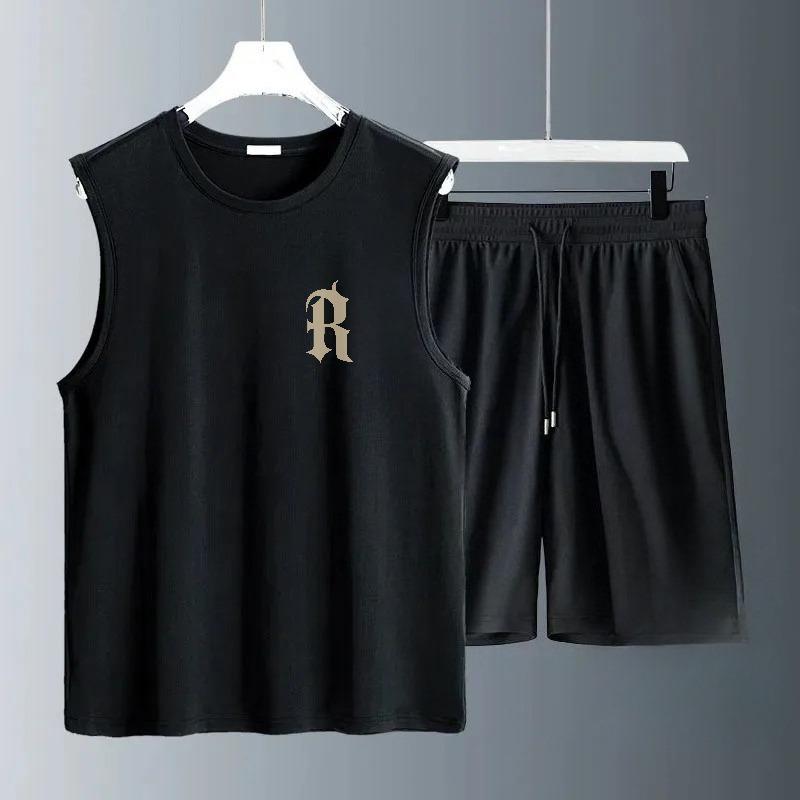 Men Summer Polyester Workout Tank Tops Sweat Sleeveless Tee Sports Gym Fitness tops Workout Casual Top Men sets men Clothing