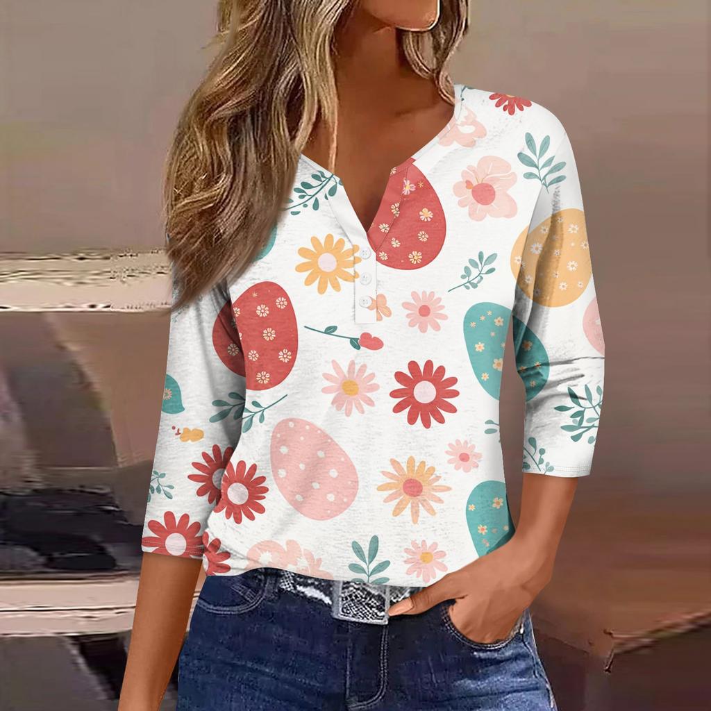 Women's Fashion Casual Easter Printed V-neck Short Sleeve Decorative Button Seven Sleeve T-shirt Top