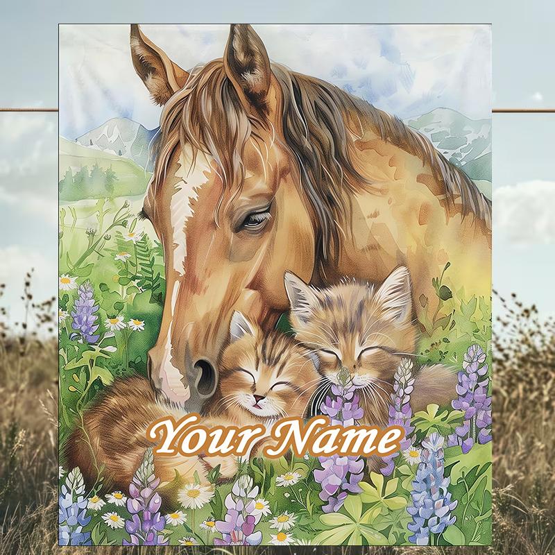 1PC Custom Name Horse Kitten Flowers Outdooor Flannel Blankets Patterns Throw Blanket All-Season Soft Gift for Couch, Bed, Camping Gifts