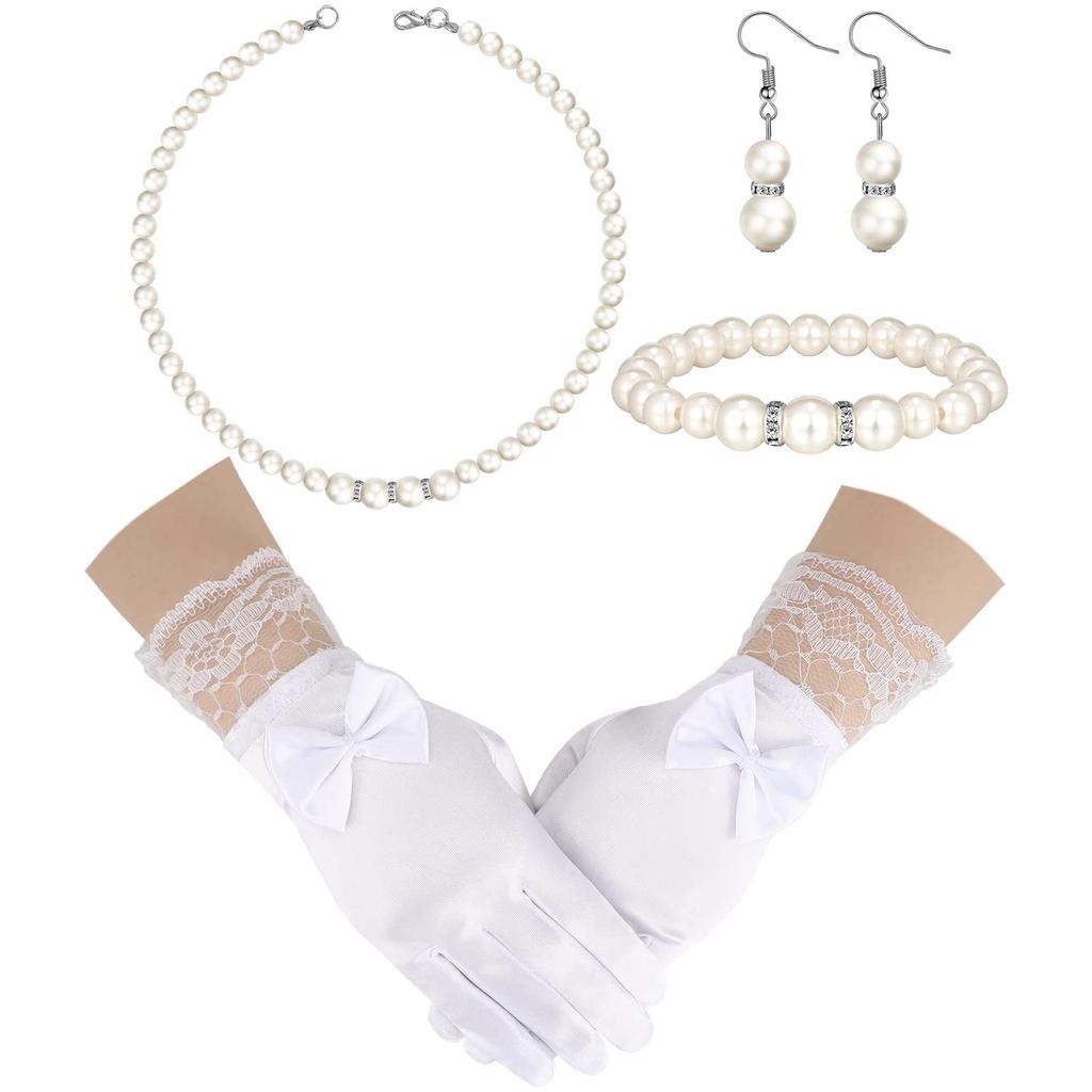 Weißes Elegantes Schleifen Kinder Schmuckset 4 - Teilig: Halskette , Armband , Ohrringe , Ring + Handschuhe für Mädchen Brautjungfer