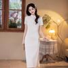 1011 Spring and Summer Beige Jacquard Embroidered Shawl Cheongsam New Chinese Slim-fit Gentle and Elegant Daily Long Dress