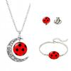 Ladybug Jewelry Set Includes Necklace Bracelet and Earrings with Silver Tone Metal Crescent Moon Pendant and Adjustable Chain for Women