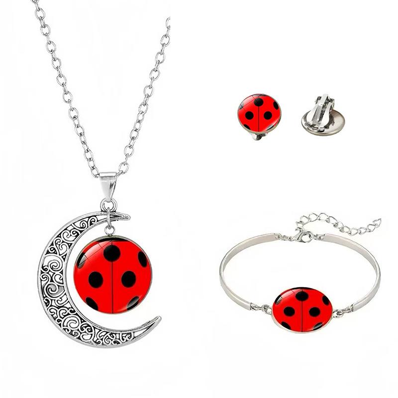 Ladybug Jewelry Set Includes Necklace Bracelet and Earrings with Silver Tone Metal Crescent Moon Pendant and Adjustable Chain for Women