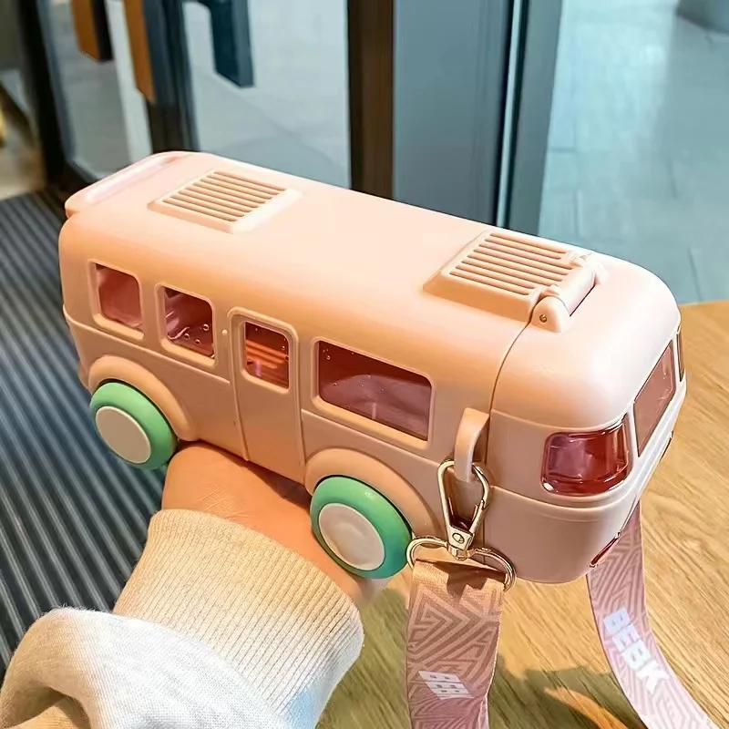 BPA FREE Bus Toy Bottle for Kids Gift Tritan Straw Water Bottle Cup Charming Girl Boy School Kindergarten Travel Kettle with Straps