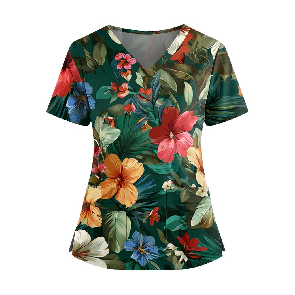 Women's Hawaiian Print V-Neck Double Pocket Short Sleeve Uniform/ Top