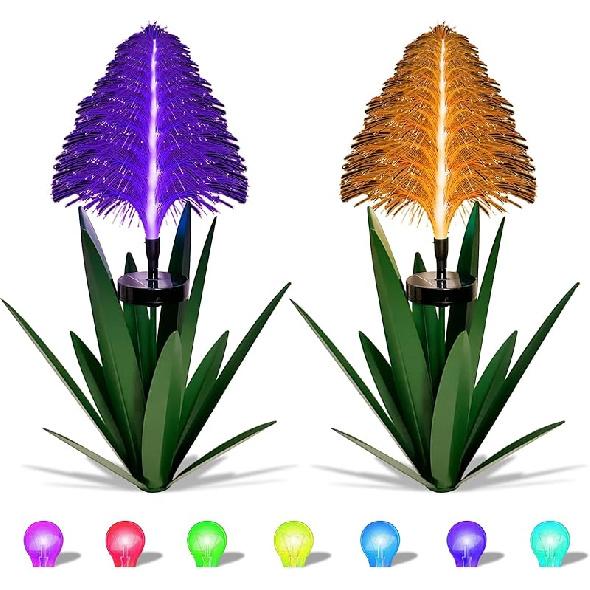 Metal Outdoor Decoration Gift Metal Agave Plants Outdoor Decor, Metal Agave Yard Art Garden Lights Solar Outdoor, 7 Color Changing Garden Yard